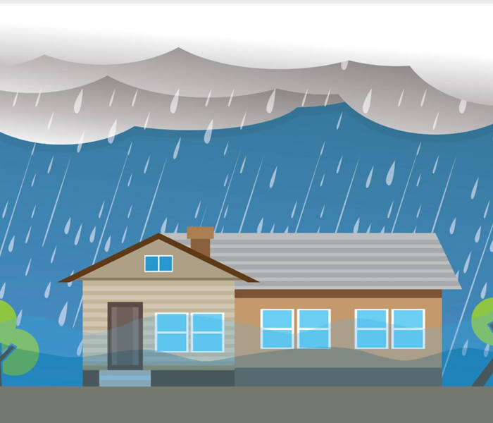 a flooded home with water up to the windows and clouds raining over it