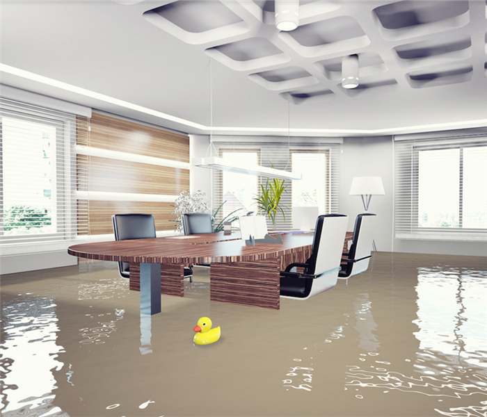 a flooded meeting room with water everywhere
